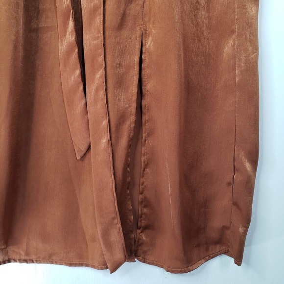 J.O.A. Anouk Satin Draped Shoulder Midi Dress S Side Slit Strappy Cocktail Brown - Picture 8 of 12